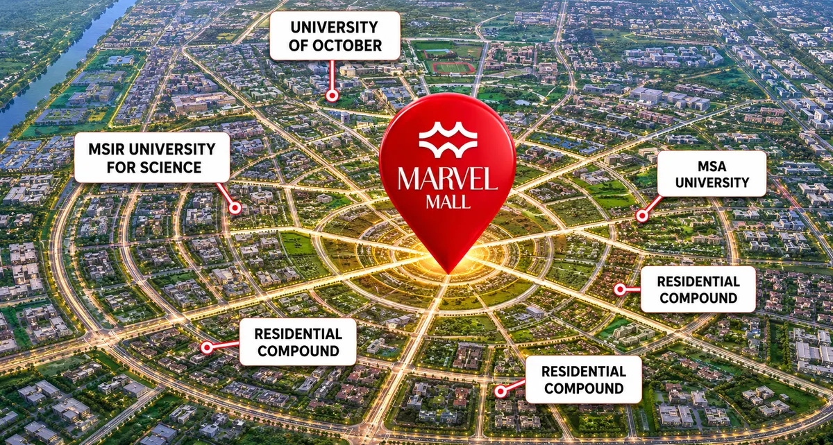 Marvel Mall location map — Wahat Road, New October, showing surrounding universities and residential compounds